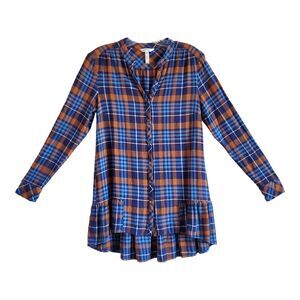 Matilda Jane Blue and Brown Plaid Ruffle Hem Button-Front Blouse